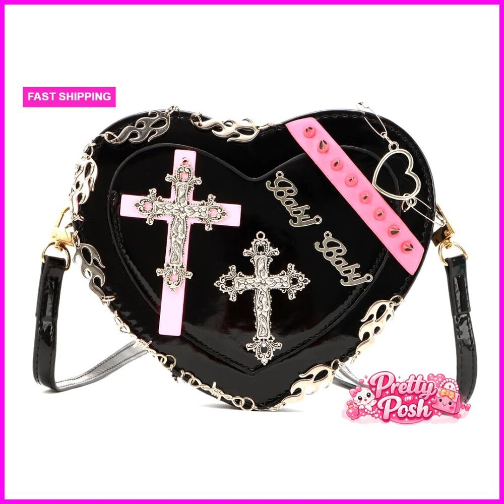 PU Leather Crossbody Bag with Adjustable Strap, Heart Studded Design
